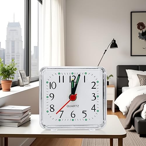Miniatura 2 de BWESOO Reloj despertador blanco pequeño transparente cuadrado de cuarzo con pitido de mesa silencioso, reloj de noche silencioso con pilas, relojes