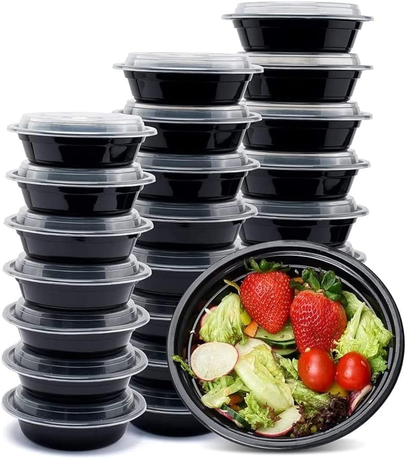 [10 Pack] Compartment Round Black Base with Lids Food Storage Container(32 oz) RO 32 | Disposable Food Container | Meal Preparation Containers | Lunch Boxes Microwave | Freezer Safe (1 - Compartment)