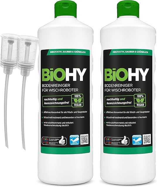 BiOHY Środek do czyszczenia podłóg dla robotów mopujących (2 x butelka 1l) | Potężny koncentrat do wszystkich robotów mopujących i odkurzających z funkcją na mokro (Wischroboter)