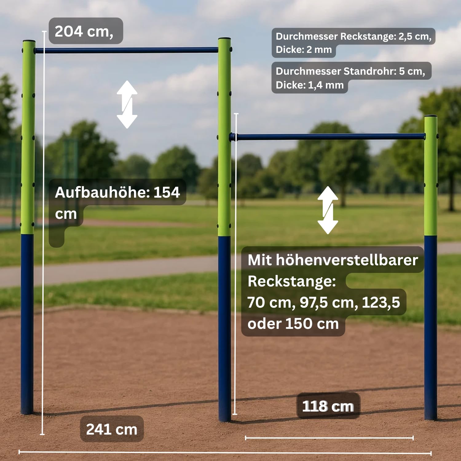 Best Sporting Turnreck Garten I Reckstange Garten Kinder und Erwachsene I Höhenverstellbare Kletterstange Outdoor in Grün-Rot-Blau I Turngeräte für Kinder für Spaß im Garten I Doppel - 241cm