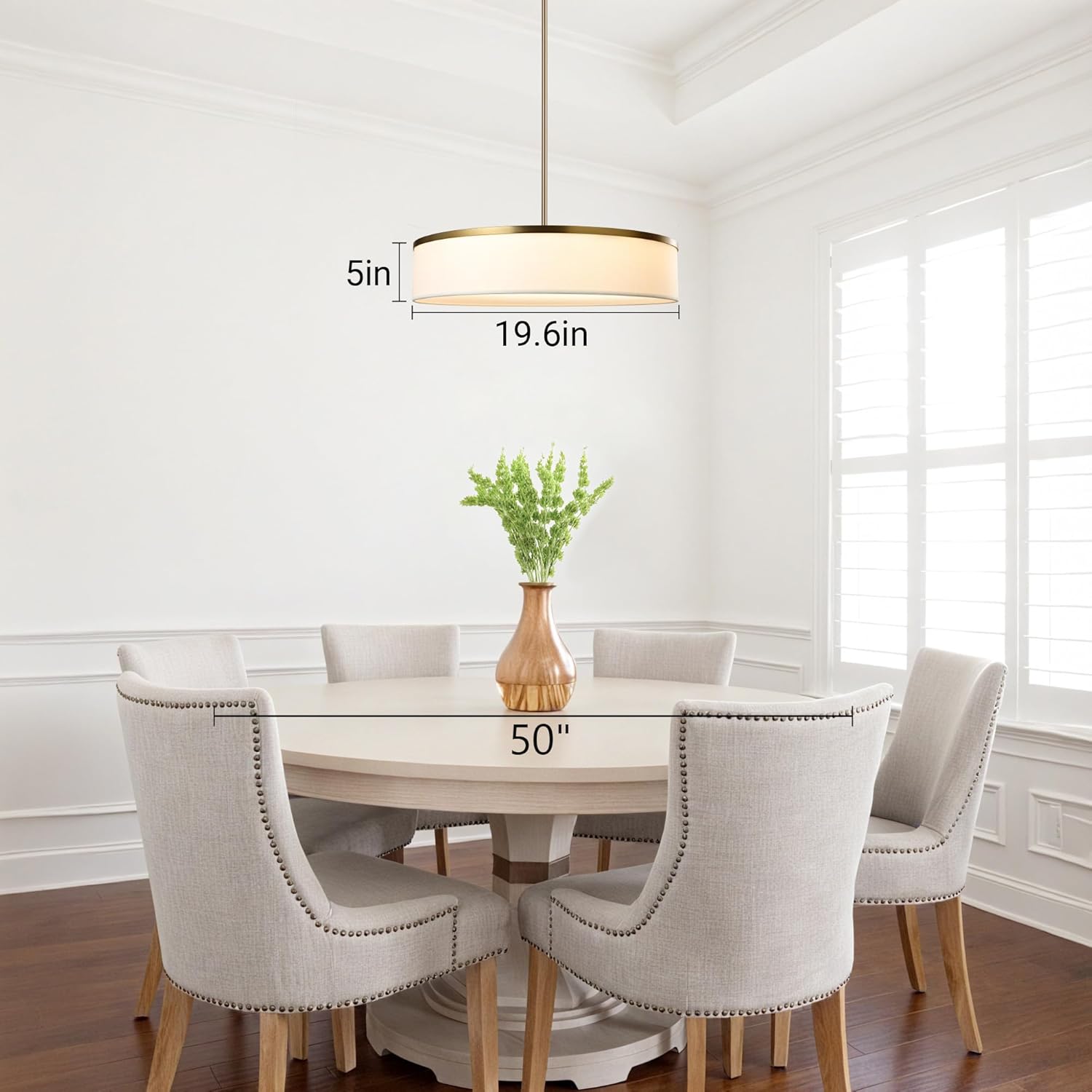 LamQee 20" Drum Chandelier Light Fixture with Integrated LED, Large Fabric Pendant Light in Gold Metal + White Linen Shade, Modern Farmhouse Lighting Ceiling Hanging for Dining Room Kitchen Bedroom