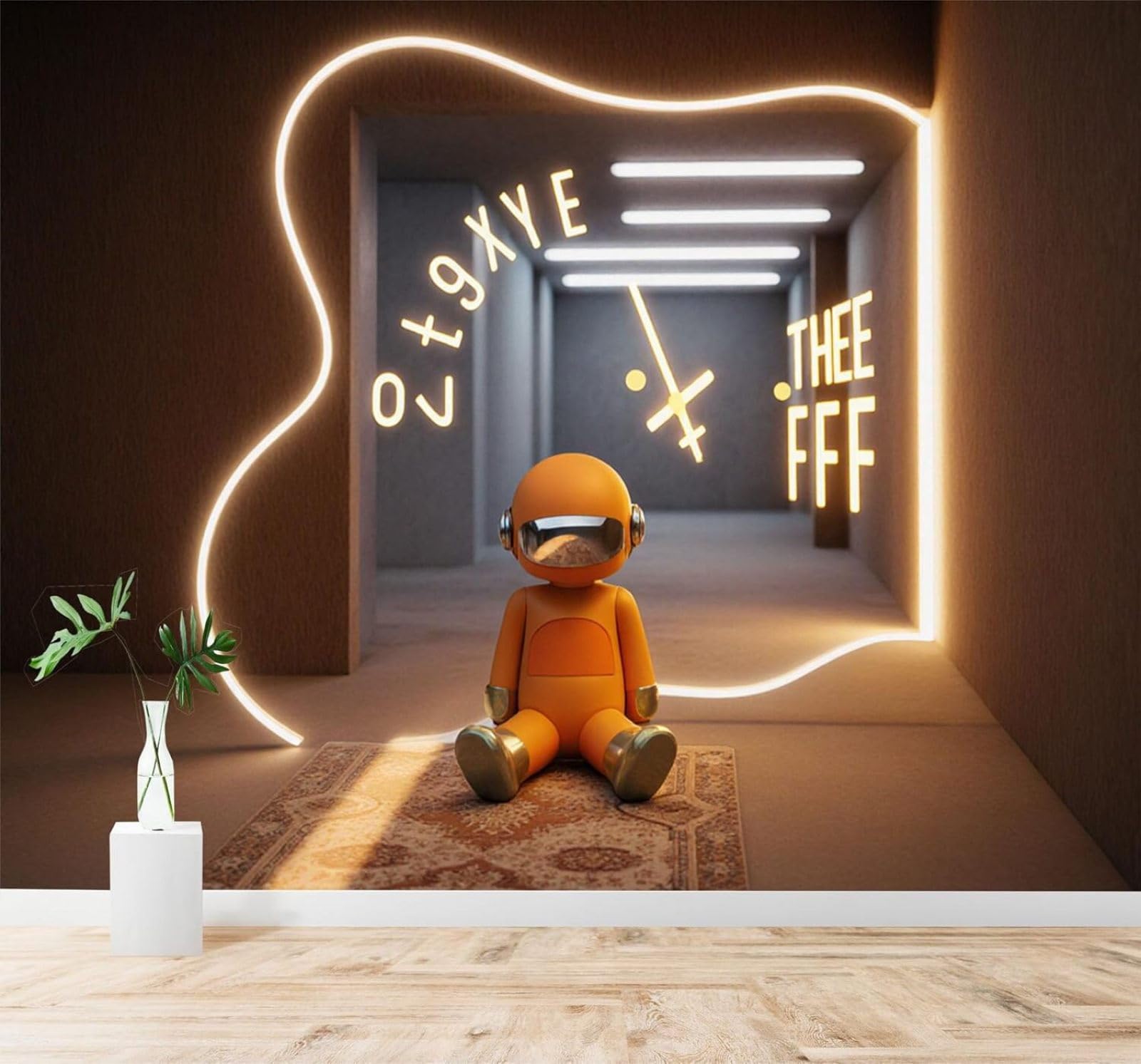 Xlming 350Cm×256Cm(B×H) Creative Orange Robot Lighting Tunnel Spatial Extension 3D Wallpaper Premium Textured Silk Study Dining Living Room Bedroom Sofa Tv Wall Easy Install-350Cm×256Cm