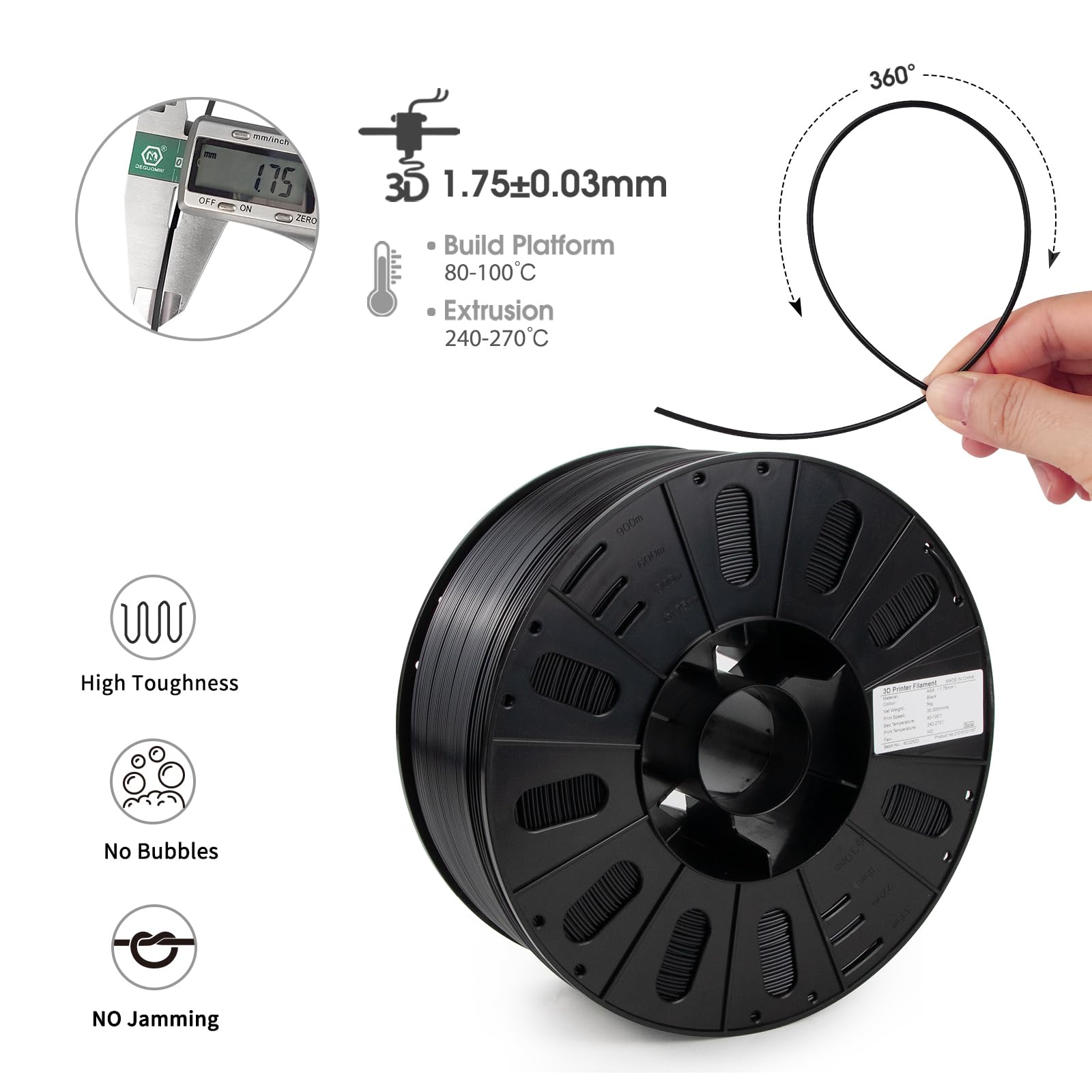 iSANMATE Czarny filament ASA 1,75 mm, odporny na działanie promieni UV, odporny na warunki atmosferyczne filament do drukarki 3D, do użytku na zewnątrz, dokładność pomiaru +/- 0,02 mm, 1 kg szpula