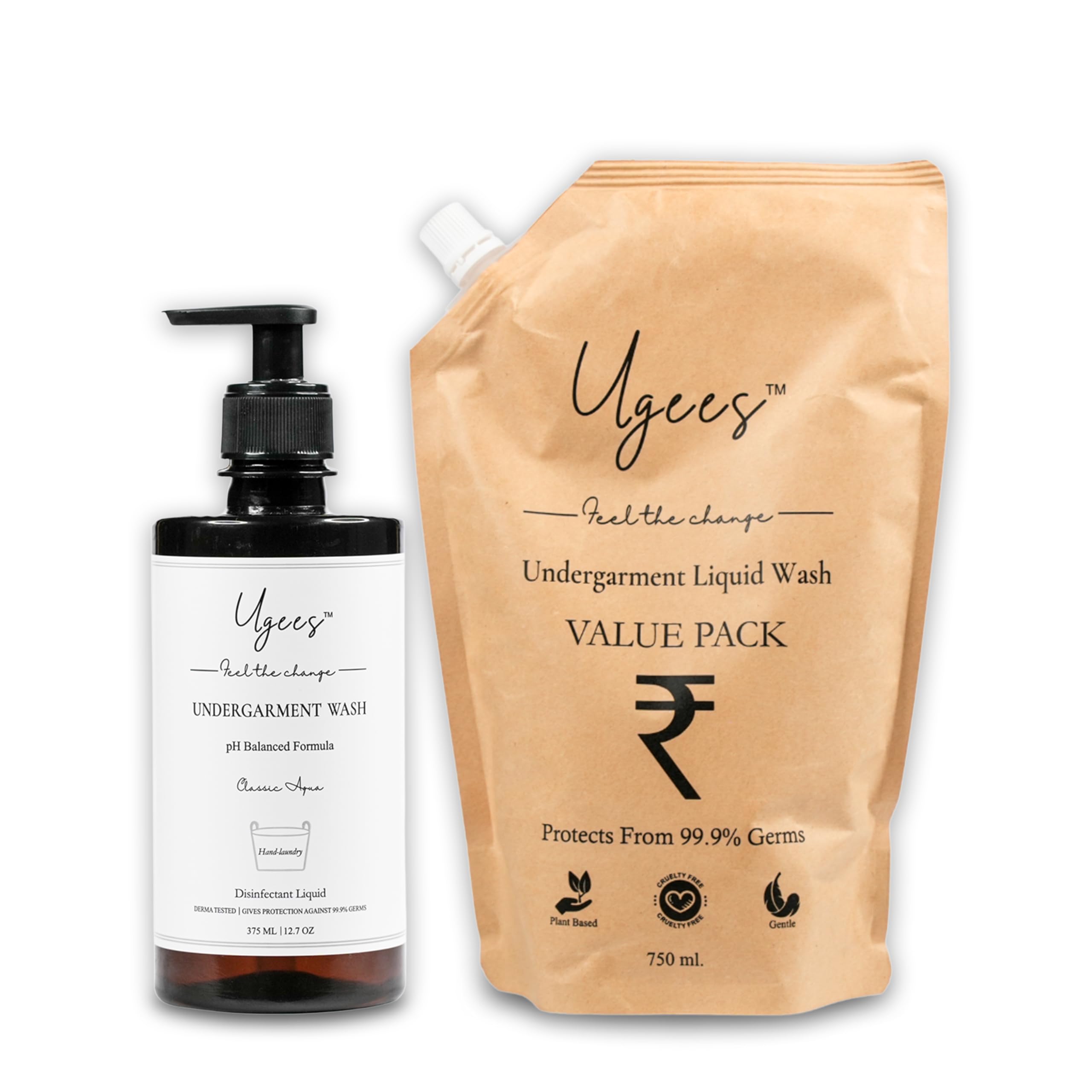 Undergarment Liquid detergent, Underwear wash for Men and Women, Plant-Based Lingerie Wash, Prevents UTI, Rashes and Redness - Value Combo - (750ml Refill Pack + 375 ml Bottle)