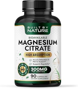 Built By Nature Magnesium Citrate 300mg High Absorption Magnesium Supplement Citrato de Magnesio Capsules for Constipation Relief, Heart & Muscle Support 90 Capsules