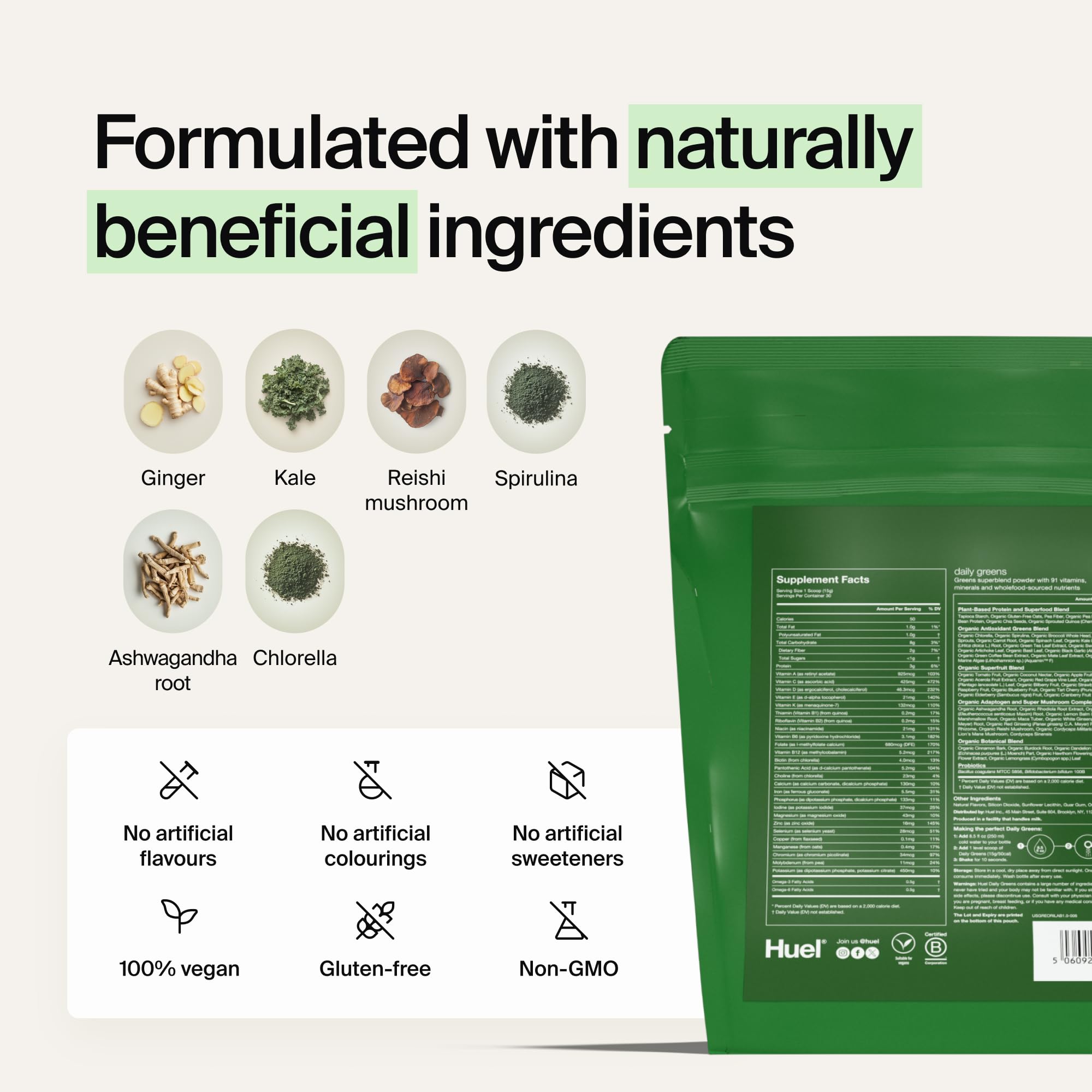 Huel Daily Greens Original - 30 Portionen (255 g) - Veganes Superfood-Pulver mit Karotte, Brokkoli, Spinat, Grüntee, Grünkohl, Spirulina & mehr, Reich an Probiotika, Vitaminen, Adaptogenen & Mineralst