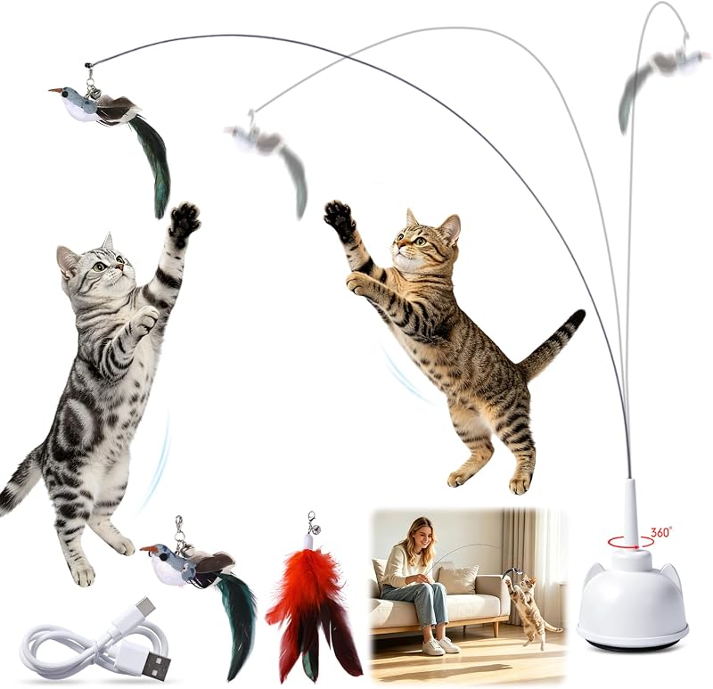 Interactive Cat Toys for Indoor Cats Toy Wand 360° Flying Bird Cat Toy | 2 Speed Adjustable Flying Bird Cat Toy Automatic Cats Toys with Self ON/OFF Feather Toy Suction Cup Electric Cat Teaser Wand