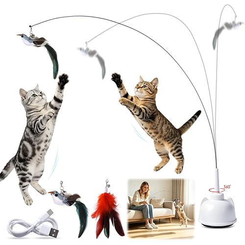Interactive Cat Toys for Indoor Cats Toy Wand 360° Flying Bird Cat Toy | 2 Speed Adjustable Flying Bird Cat Toy Automatic Cats Toys with Self ON/OFF Feather Toy Suction Cup Electric Cat Teaser Wand