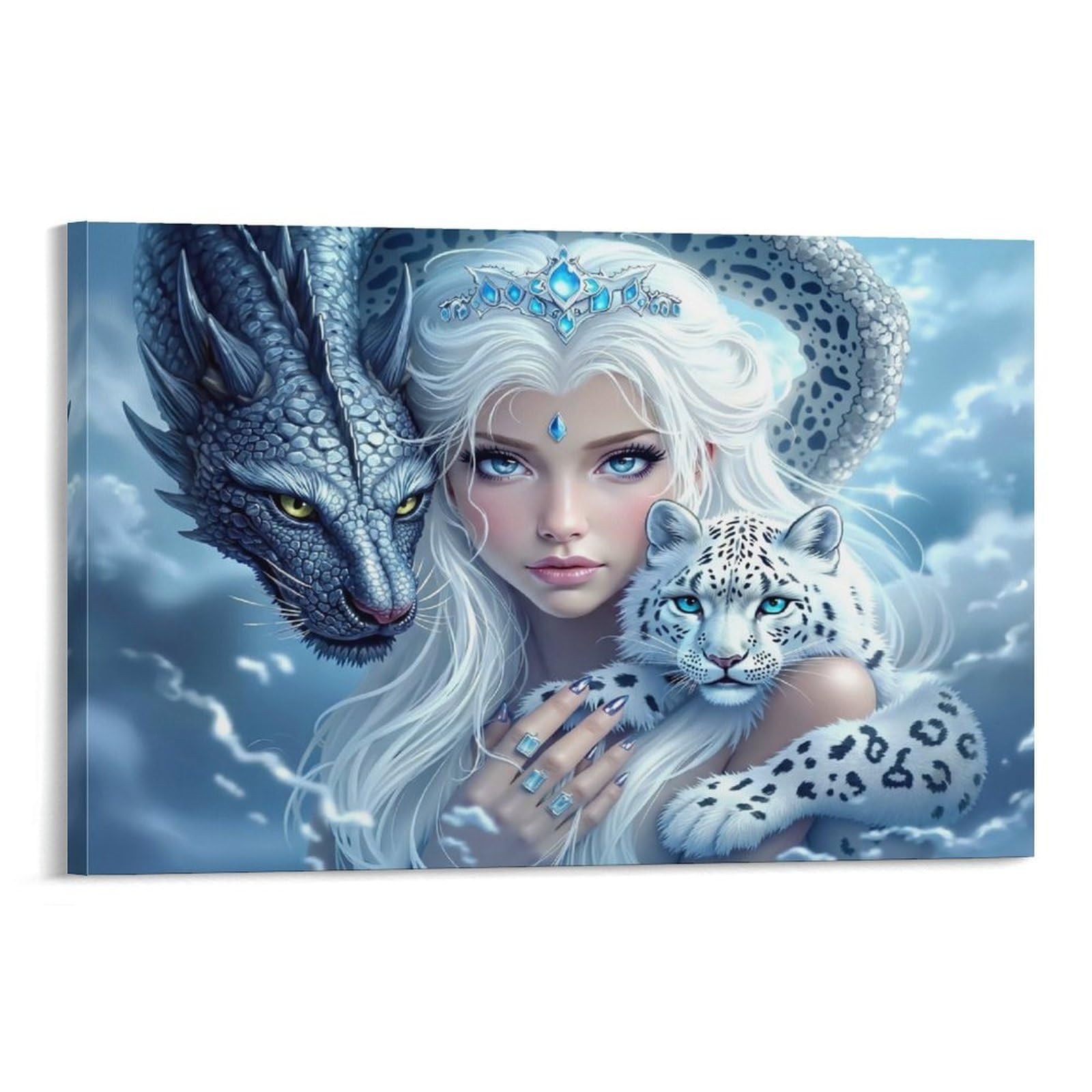 CPLVKWRQJ Snow Queen Fantasy 1 Piece Ice Maiden Dragon Snow Leopard Cloudy Sky Canvas Print - Office Wall Art Fade Resistant Wall Focal Art Statement Piece 20x30inch(50x75cm)