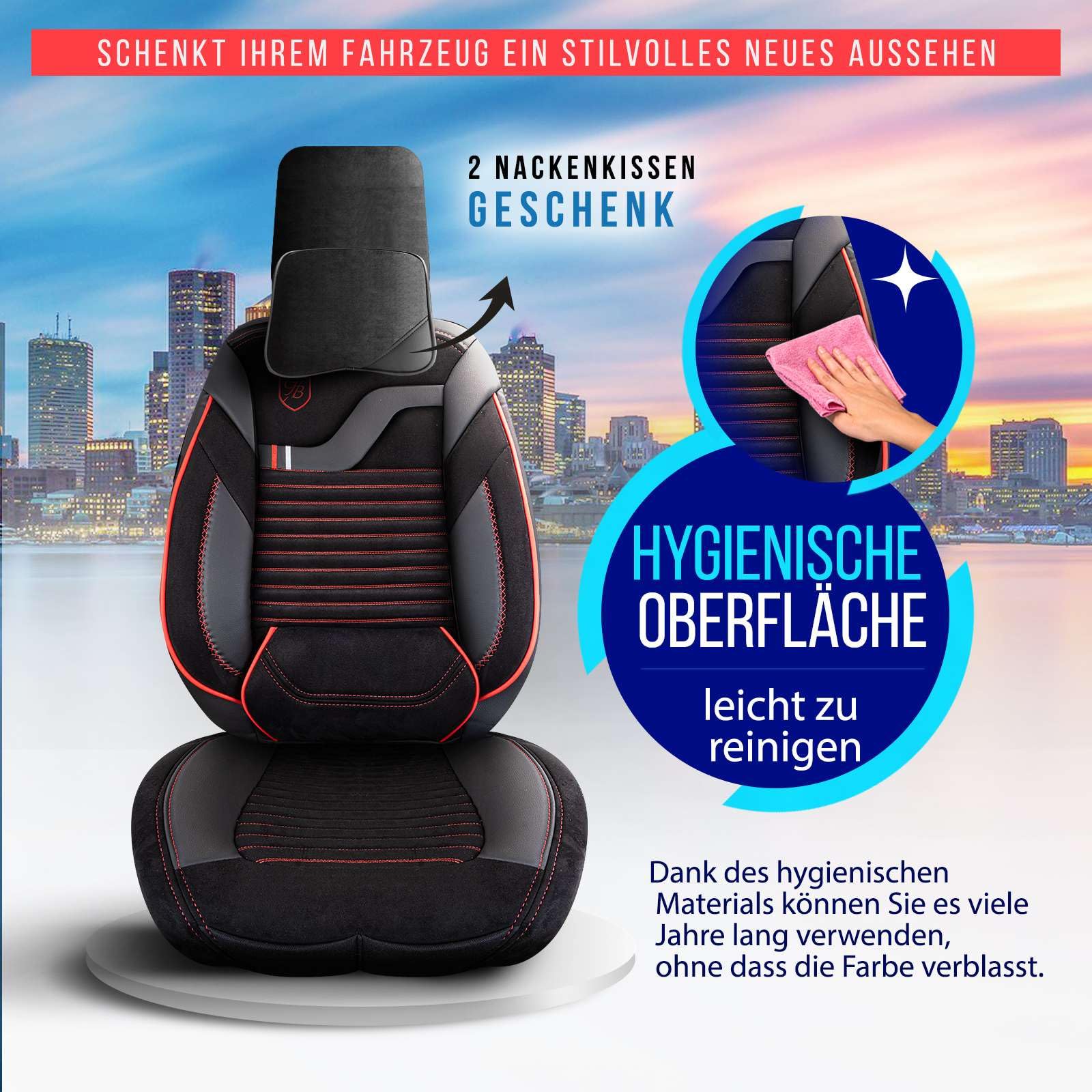 Autositzbezüge Universal für PKW & SUV – Premium Vordersitze Auto Sitzbezug aus Velours, Schwarz-Rot, Airbag-Kompatibel Sitzauflage, Autoschonbezug, Vordersitz-Set inkl. Montageset