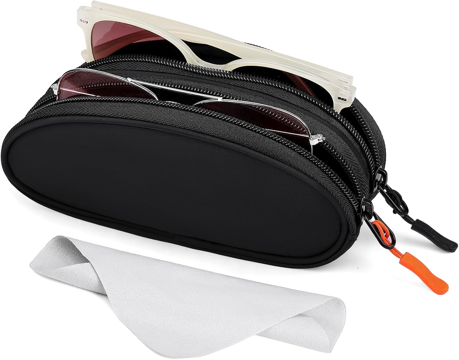 Marvolia Double Glasses Case Large Soft Eyeglass Case for Women Men Portable Zipper Sunglasses Pouch with Keychain Clip