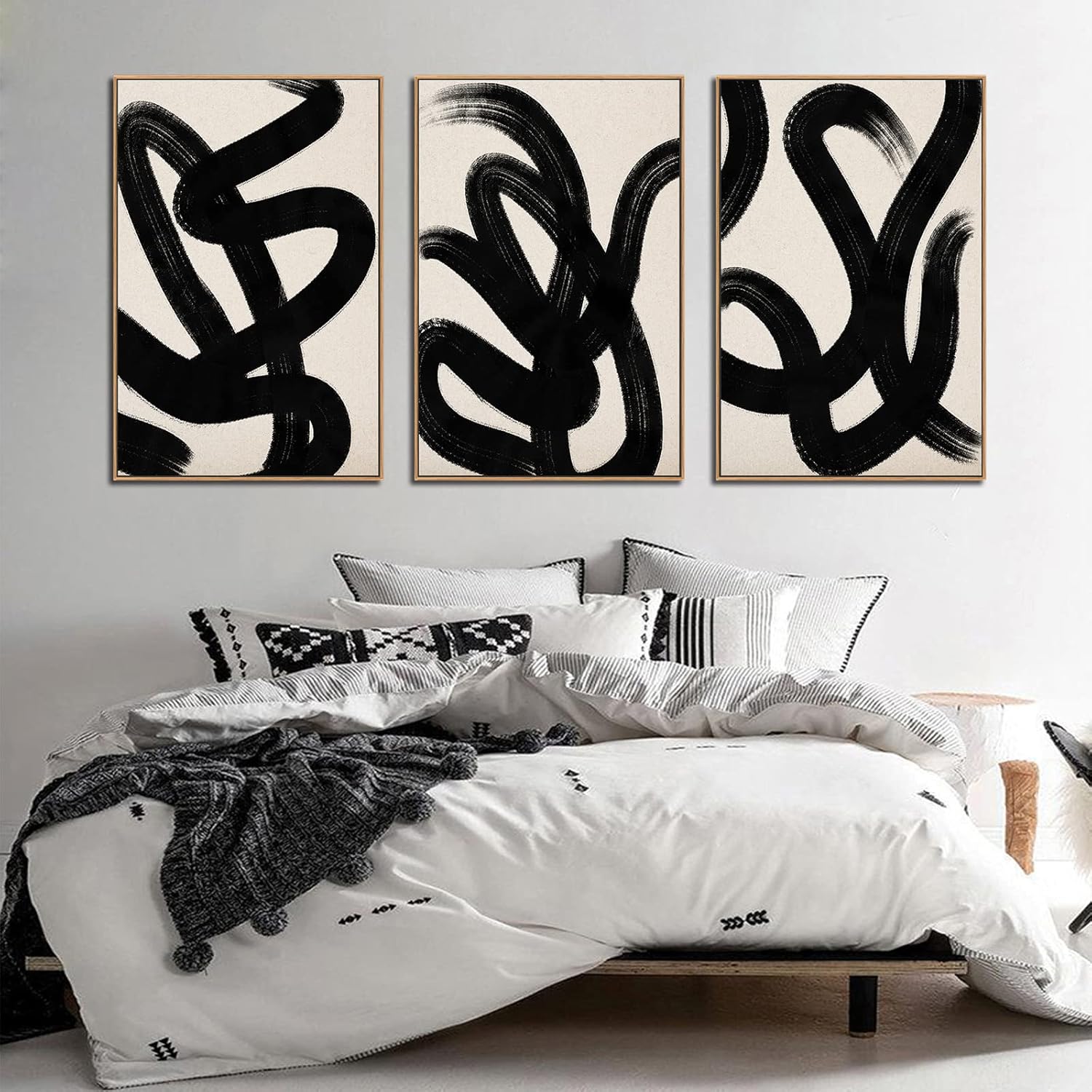 Framed Wall Art Canvas Set Abstract Lines Pictures Modern Mid Century Boho Wall Decor Minimalist Abstract Black Stroke Lines Canvas Painting Artwork Living Room Bedroom Home Office 24"x36"x3 Natural