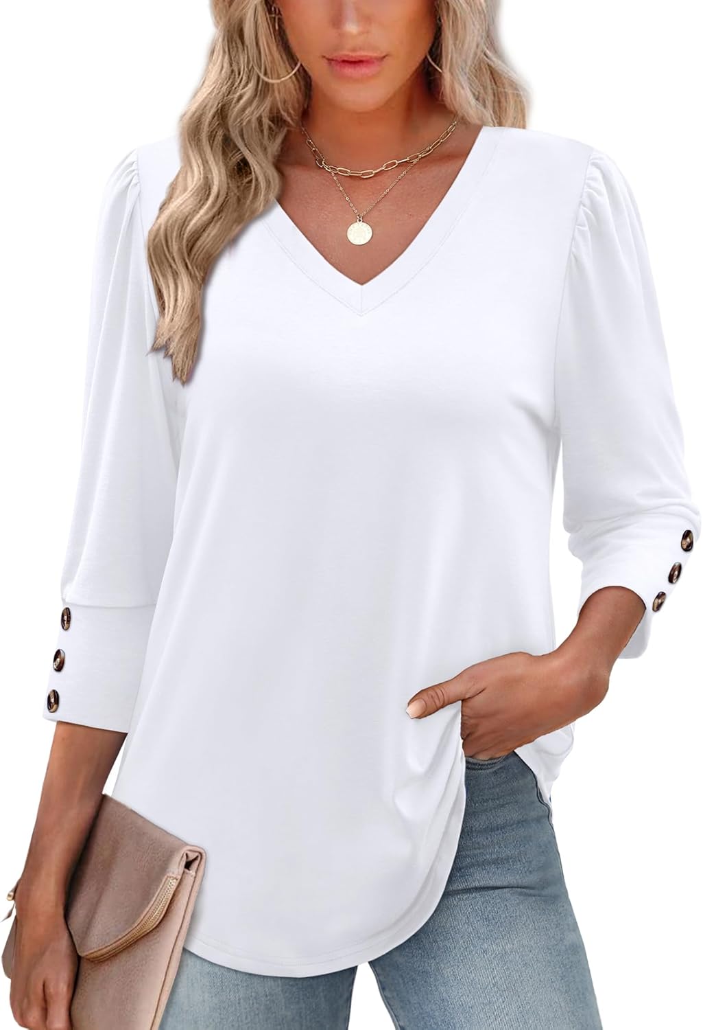 XIEERDUO Womens 3/4 Sleeve Tops with Buttons V-Neck Summer Outfits Casual Blouses Shirts Beach Vacation Fall Clothes 2025 - Image 2