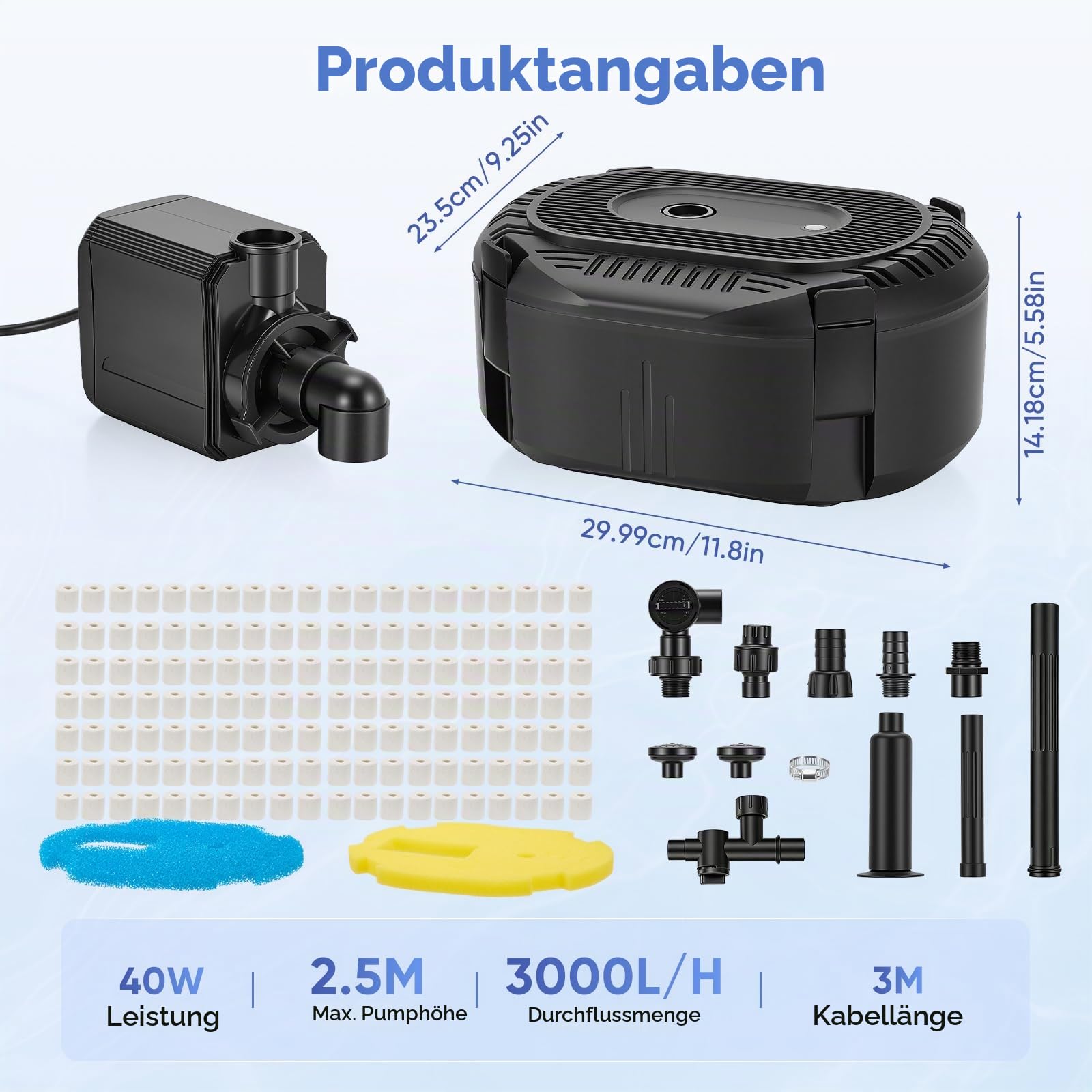 Teichpumpe mit Filter 3000L/H – Teichfilter komplettset mit Pumpe 40W, 3 Springform-Düsen (Glocke/Vulkan/Gänseblümchen), mehrstufige Filterung für klares Wasser – Teichpumpe für Außen