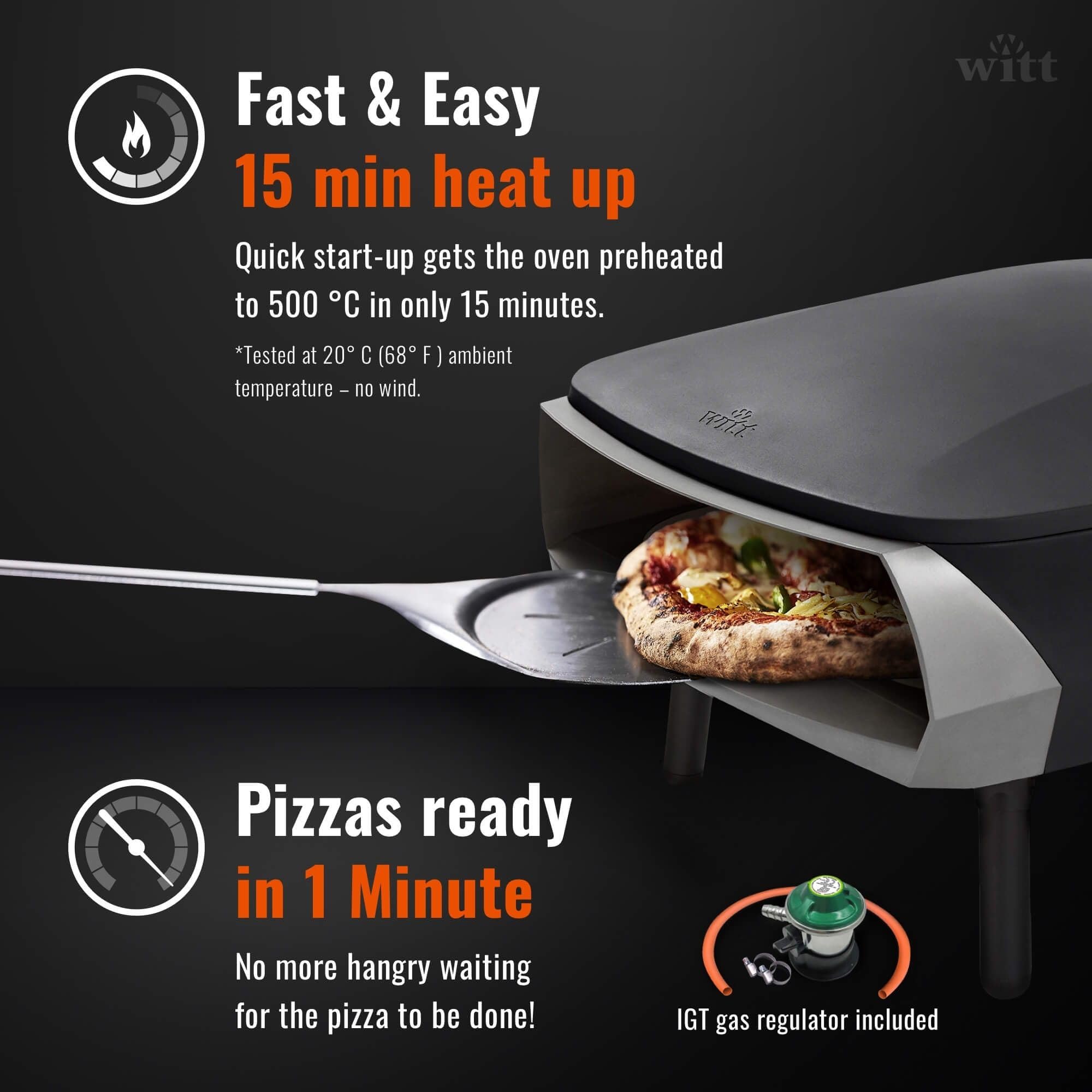 WITT Forno pizza a gas WITT ETNA ROTANTE per pizza napoletana e in teglia, lasagne PIETRA GIREVOLE ROTANTE AUTOMATICA (NERO)