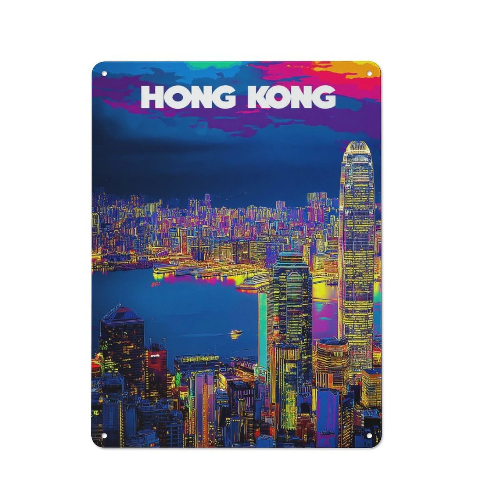 Junmoney Vibrant Hong Kong Skyline -1 Vintage Tin Sign 40X30cm, Rustic Bistro Wall Plaque For Kitchen, Cafe, Pantry Or Dining Room