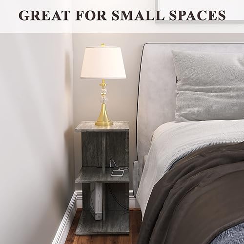 Miniatura 3 de ZGREN Mesa auxiliar con estación de carga, mesas laterales estrechas para espacios pequeños con puertos USB y tomas de corriente, mesita de noche