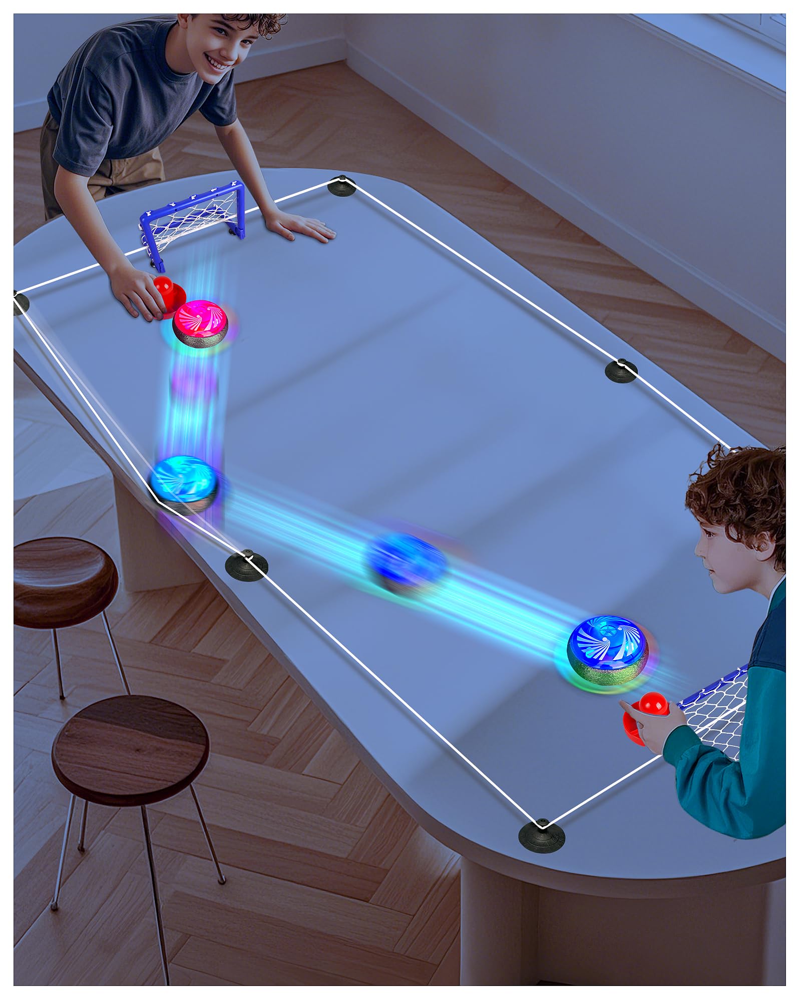 Adjustable Tabletop Air Hockey Game - Battery-Free Fun with Flexible Boundaries! Hover Puck Set with 2 Pushers, 2 Mini Goals & Elastic Ropes - Indoor/Outdoor Hockey Toy for Kids & Families