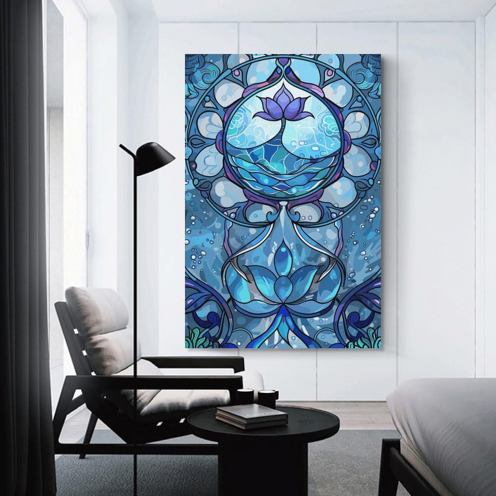 Junmoney Canvas Wall Decor Blue Lotus Water Stained Glass Art, 16x24inch(40x60cm), for Bedroom Decor, Cosy Corners Or Studios, Decorative Wall Art for Cosy Rooms