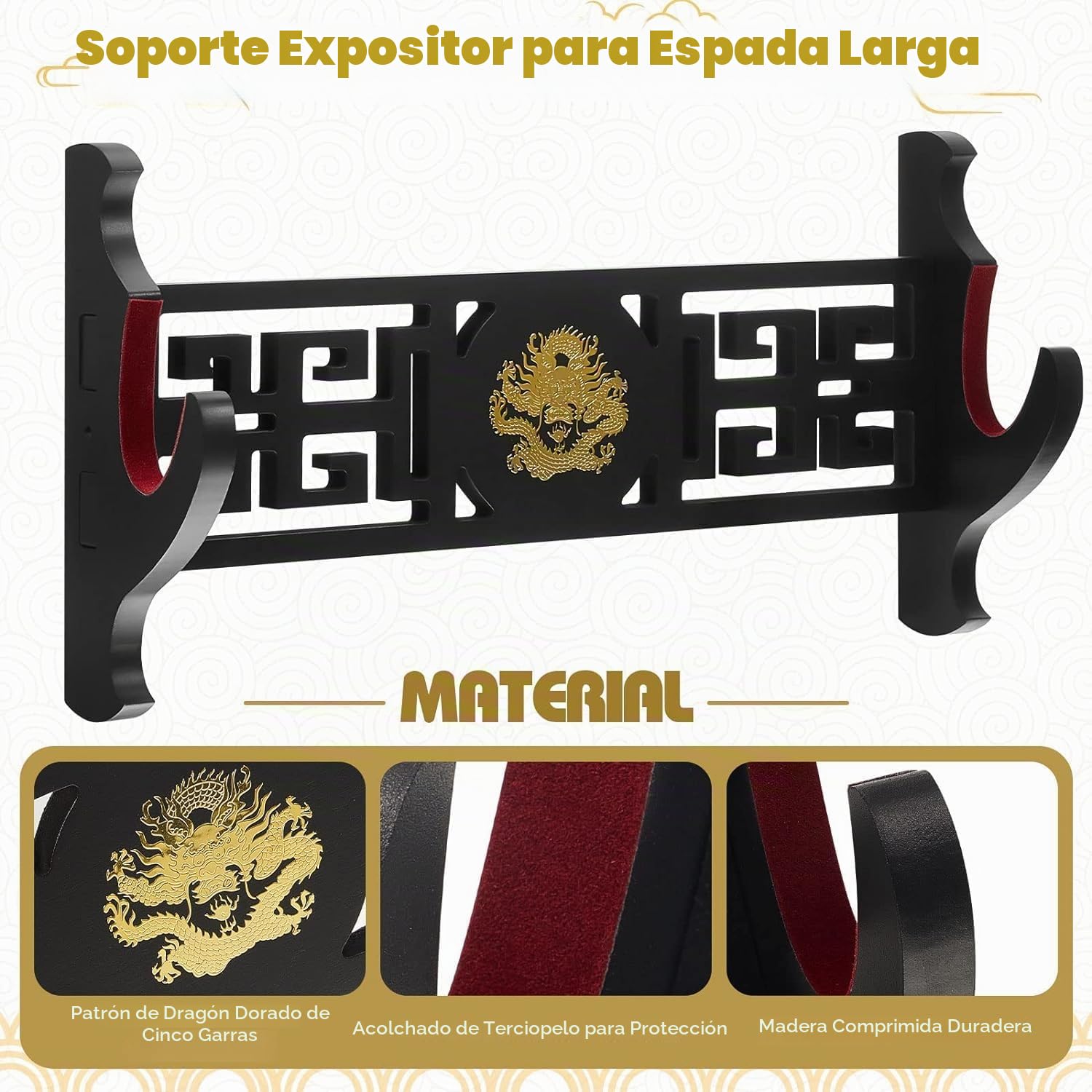 Soporte de pared para espada, soporte de exhibición, Acolchado Katana Wakizashi Genji y Samurai Swords Dragon Pattern,1 nivel