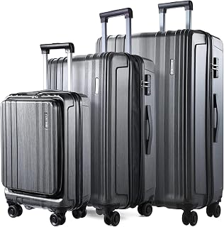 Luggage Set 3 Piece 20/24/28, 20" with Front Pocket & 24/28" with Expandable, ABS+PC Suitcase with 4 Spinner Wheels, TSA Lock, YKK Zipper, Silver Grey