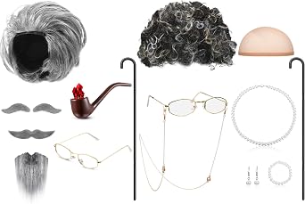 Yingzhao 12 Pcs Halloween Old Lady Man Wig Costume Set