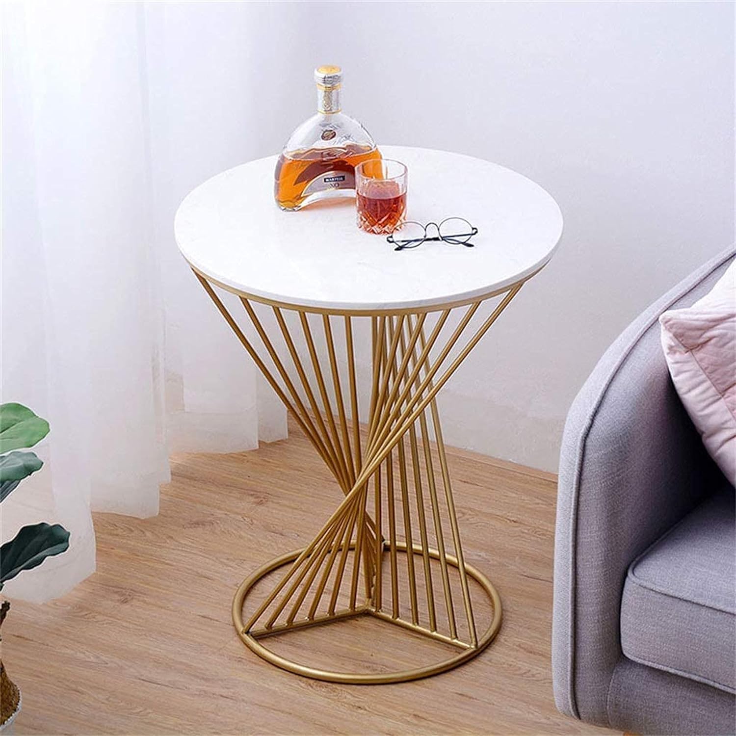 PURITY HANDICRAFTS Accent Furniture for Living Room, Bedroom, and Office: Round Metal Side/End Table with Inlay Top-White Gold-E