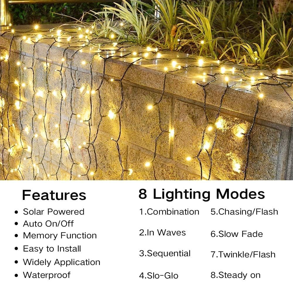 iBaycon Guirlanda Solar para Exteriores,12 m 100 Led Resistente a La Intemperie, 8 Modos Impermeable Ideal para Jardín Terraza Árboles Patio, Fiestas y Decoración Exterior (Blanco Cálido)