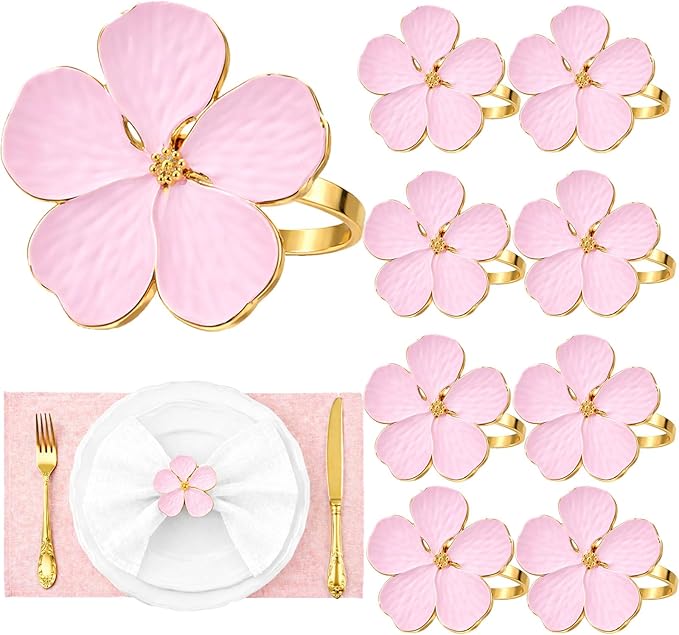 Flower Napkin Rings Set of 8, European Palace-Style Glaze, High-Temperature Fired Ideal for Photography Props, Ribbon Clips, or Curtain Tiebacks, Weddings/Birthdays (Pink)