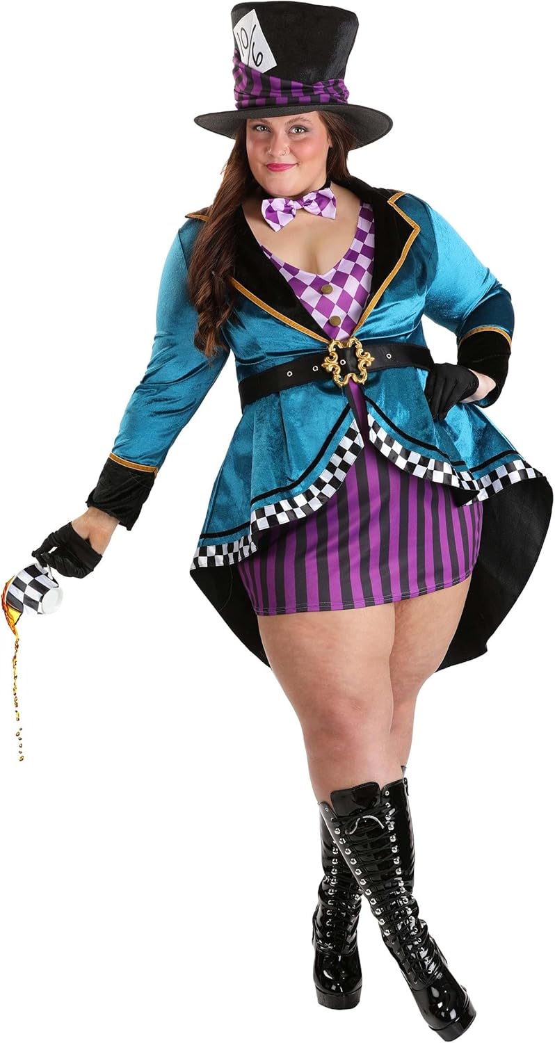 Plus Size Mad Hatter Costume for Women ? Adult Mad Hatter Wonderland Dress, Hat & Bowtie - Officially Licensed