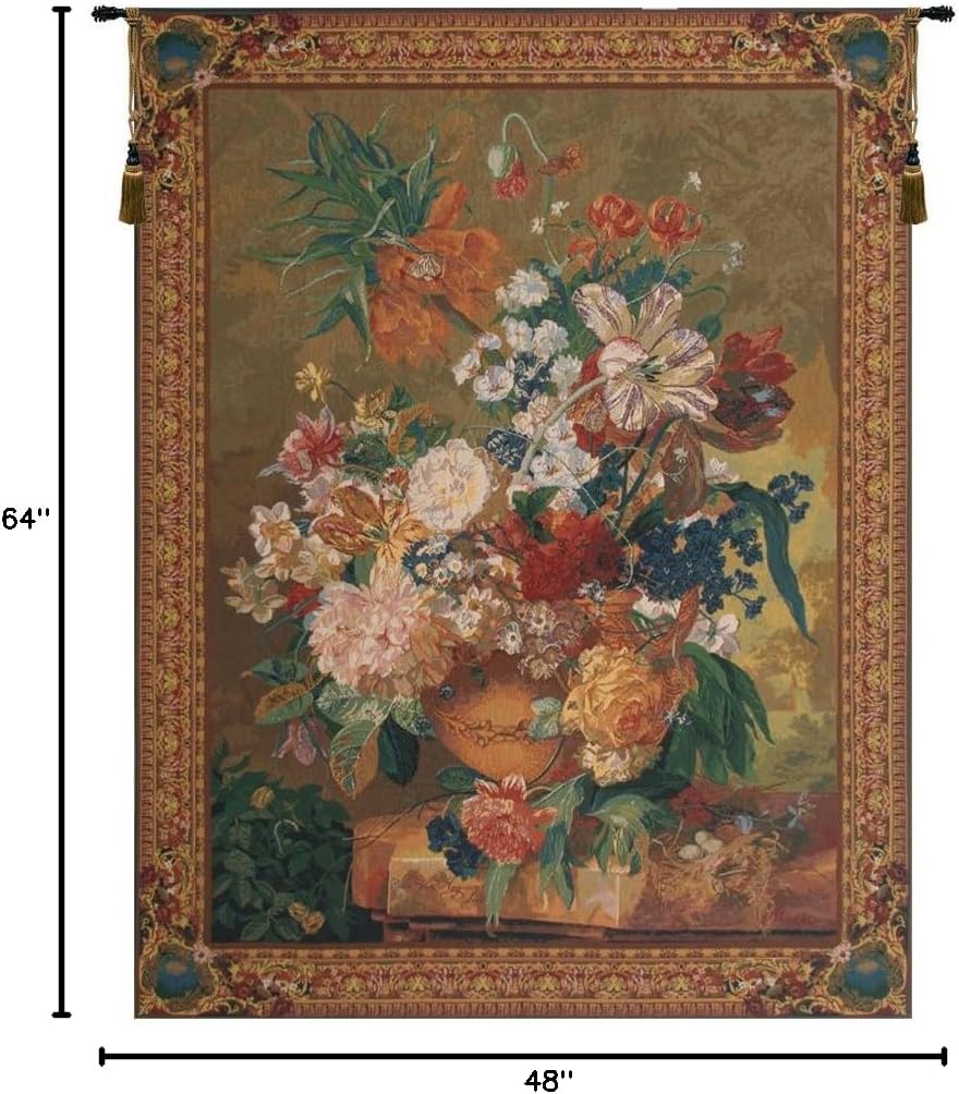 Terracotta Floral Bouquet Gold Belgian Tapestry Wall Hanging - 48 in. x 64 in. Cotton/Viscose/Polyester by Jan Van Huysum