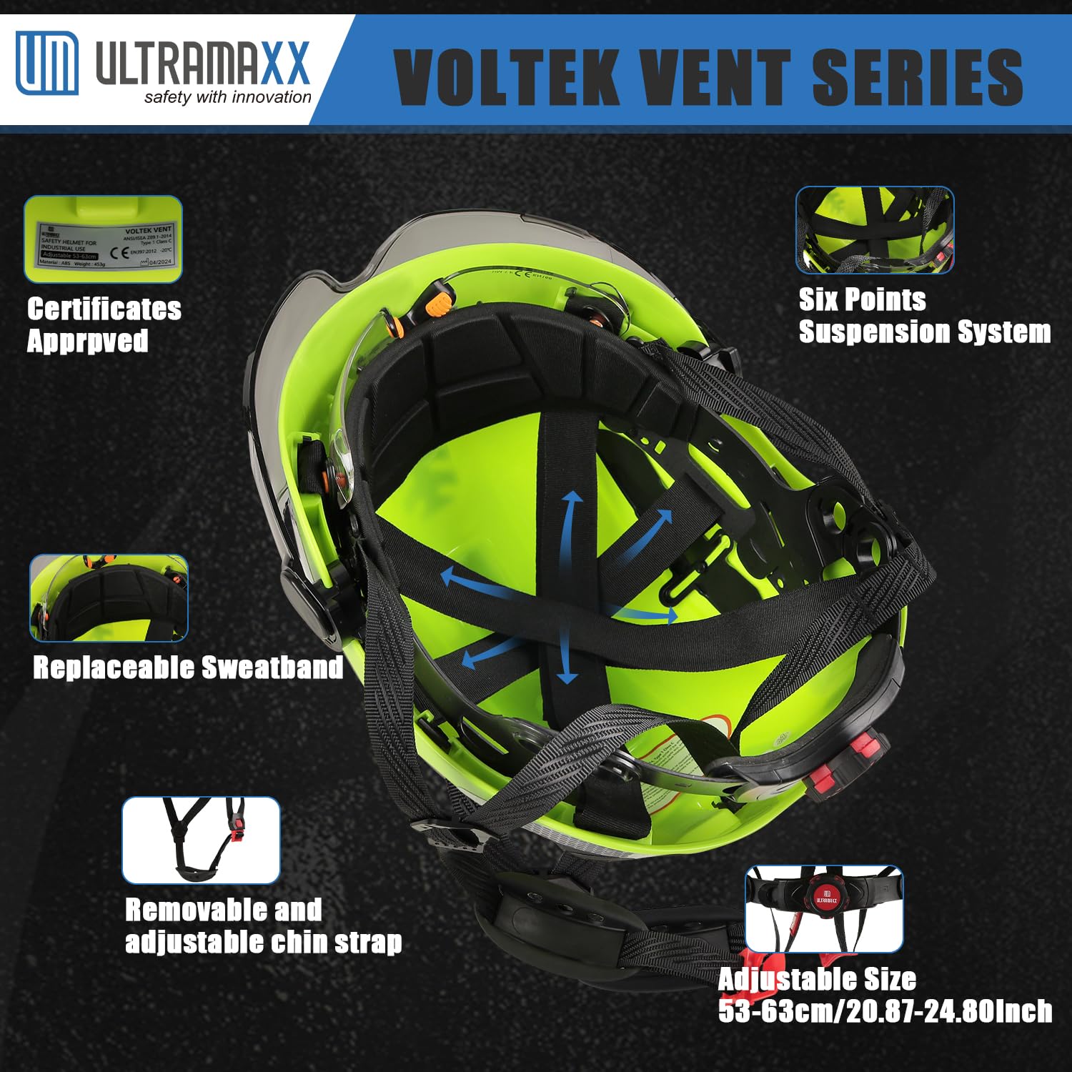 UM ULTRAMAXX Casque de sécurité avec visière intégrée, design ventilé, certifié ANSI Z89.1, idéal pour l'industrie et la construction