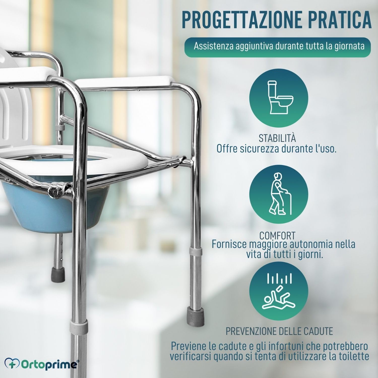 OrtoPrime Sedia WC per Anziani - Sedia Comoda con WC Multifunzionale, Pieghevole, Ideale per Disabili - Sedia Orinale Portatile con Bidet Acoplable - Sedia da Doccia e Bagno per Anziani.