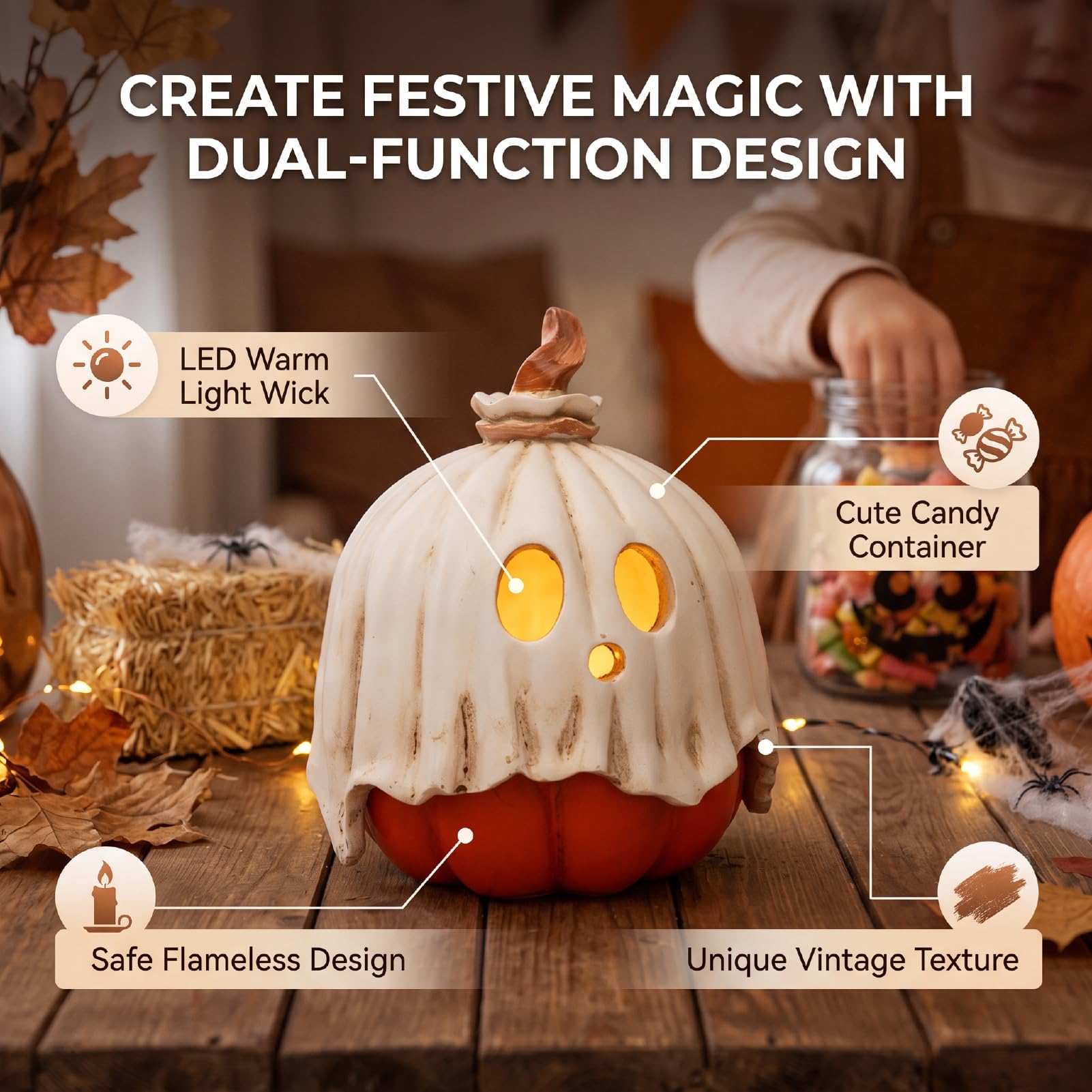 Fockety Portavelas Calabaza, Contenedor de Dulces de Resina Led sin Llama