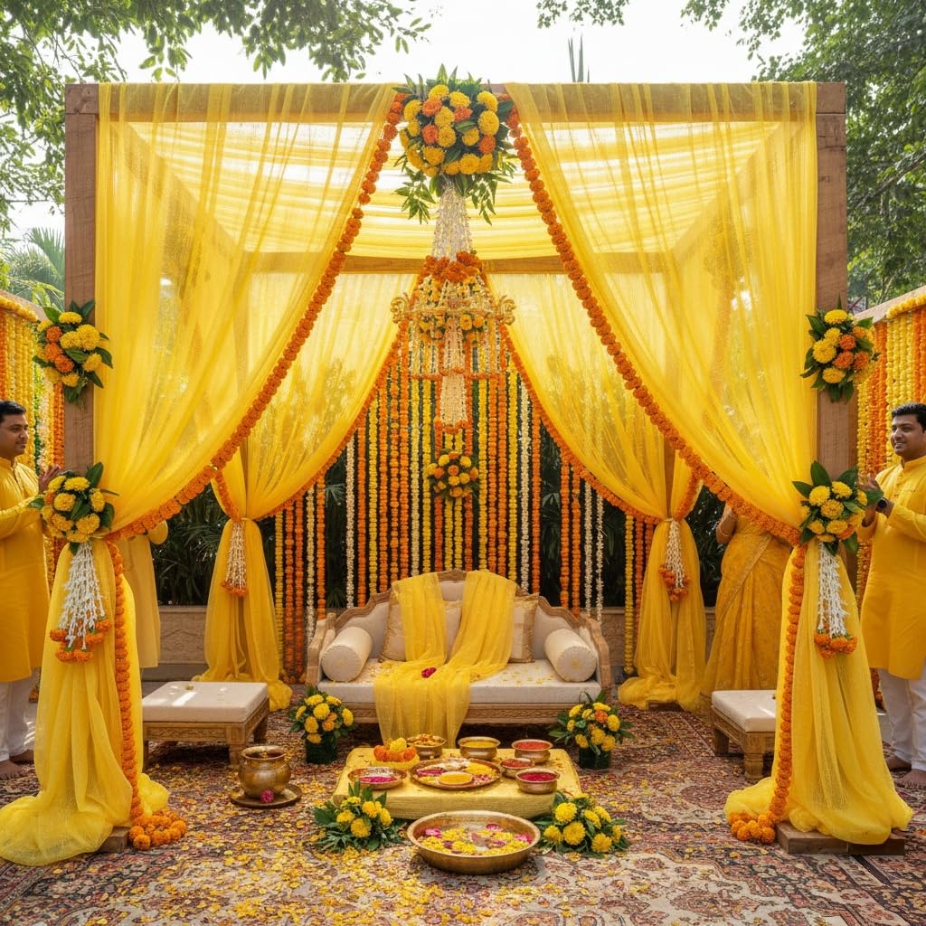 Yellow Backdrop Decorations Haldi Decoration Items for Home Decor, Haldi Backdrops Decorations Set, Backdrop Cloth for Decoration Pooja (Yellow, 10 METRE)-image-26