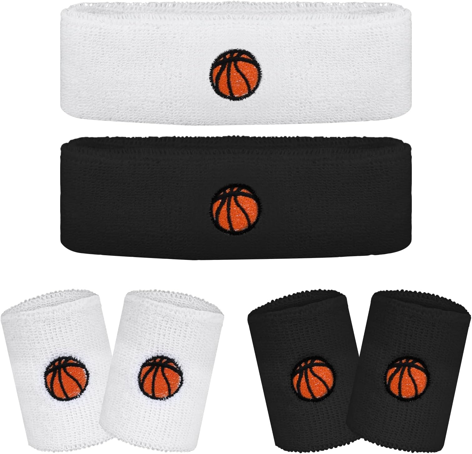 6Pcs Sweatband Set Sports, Soccer/Basketball Headband and Wristband Set - 2 Headbands and 4 Wristbands, Black & White Terry Cloth Headband Mens Sweat Band for Sports Workout, Sweat-wicking and Elastic