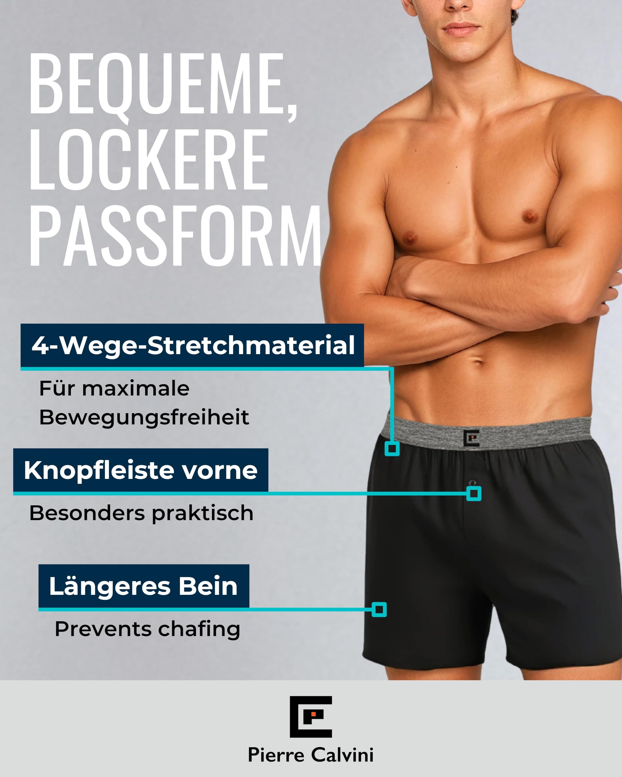 Pierre Calvini Herren Boxershorts weit geschnitten (3er/6er Pack) – 95% Baumwolle 5% Elastan, lockere Passform, atmungsaktiv & etikettenfrei, weiche Schlaf-Boxershorts