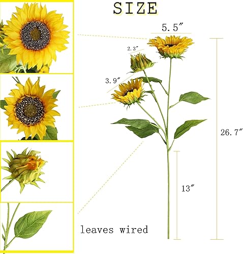 Miniatura 4 de Htmeing Girasoles artificiales de seda, ramas falsas, plantas decorativas, tallos para decoración de la oficina en el hogar, tienda (2 unidades)