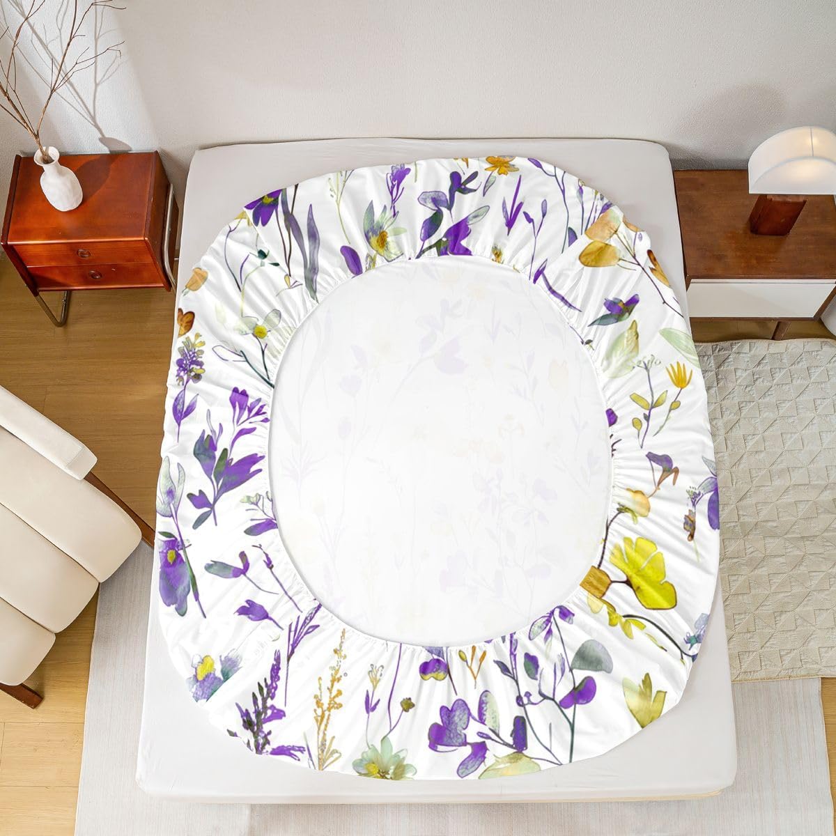 Erosebridal Boho Sheet Set Watercolor Floral Twin Sheets Set for Toddler Boys,Yellow Purple Rustic Flowers Plant Leaves Botanical Fitted Sheet