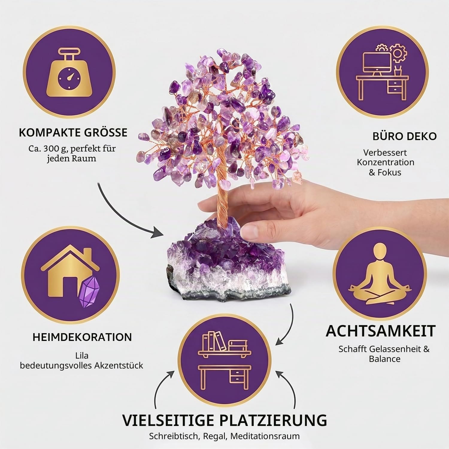 Amethyst Kristallbaum, handgefertigter Edelsteinbaum Lebensbaum, 16 cm Feng Shui Geldbaum Deko für Büro, Wohnzimmer und Schreibtisch, Geschenk für Frauen(Amethyst)