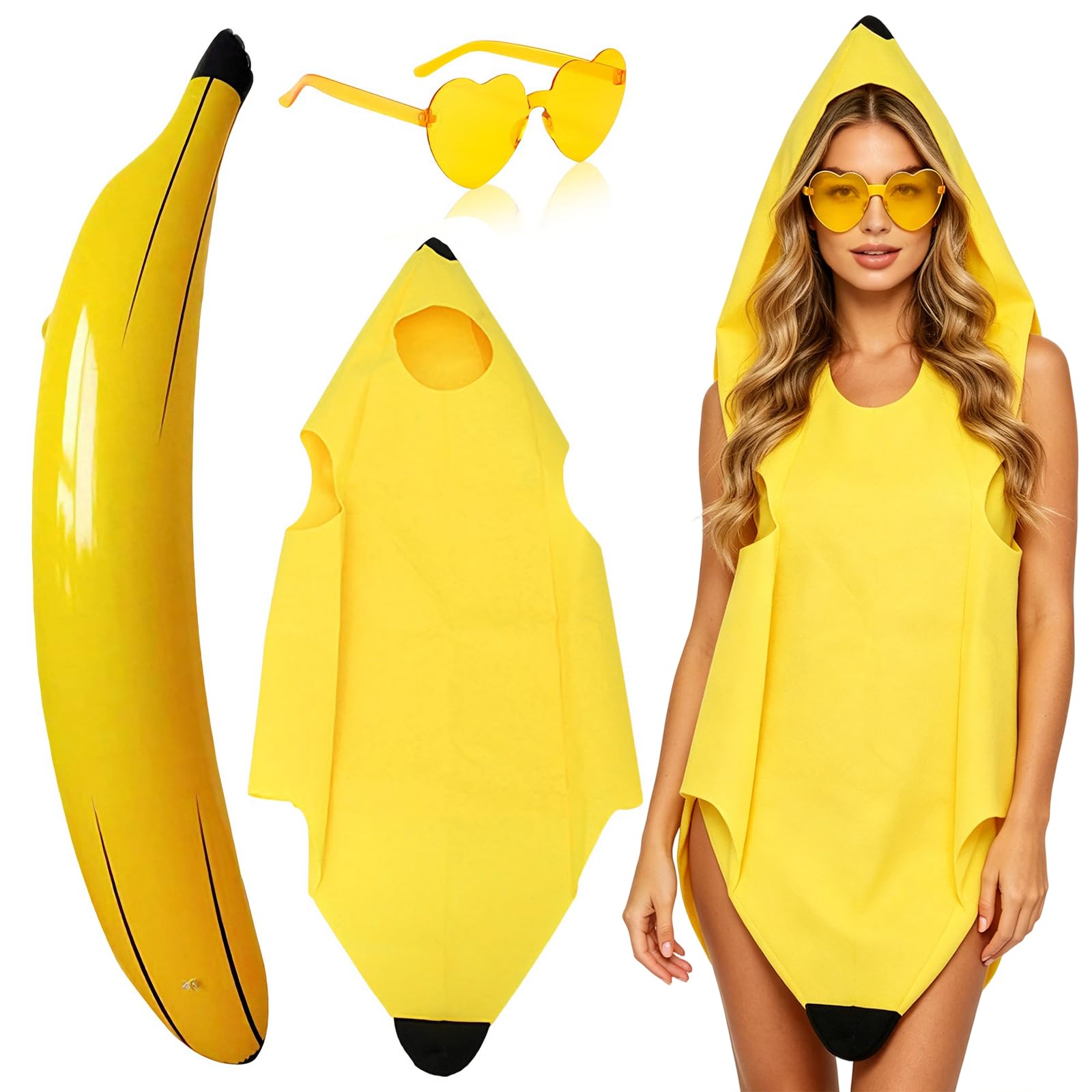 Banana Costume Adult with Inflatable Banana & Heart Sunglasses, Funny Unisex Yellow Fruit Fancy Dress Outfit, Reusable Halloween Costume for Men Women Stag Hen Do Carnival Cosplay Party - One Size