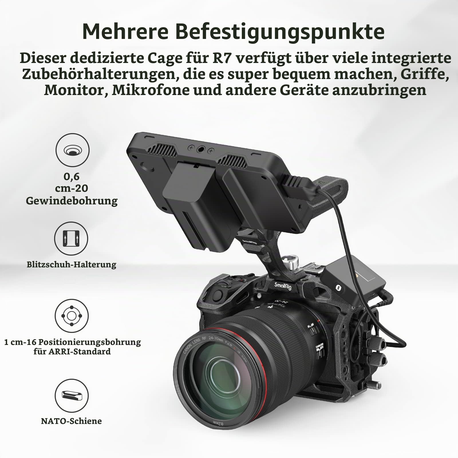 SMALLRIG R7 Cage mit Integrierter Schnellwechselplatte für Arca Standard, Kaltschuh, NATO-Schiene und Gewindelöchern, Formschlüssiger Kamerakäfig, Video-Rig für Canon R7 (Aktualisierte Version) -4003B