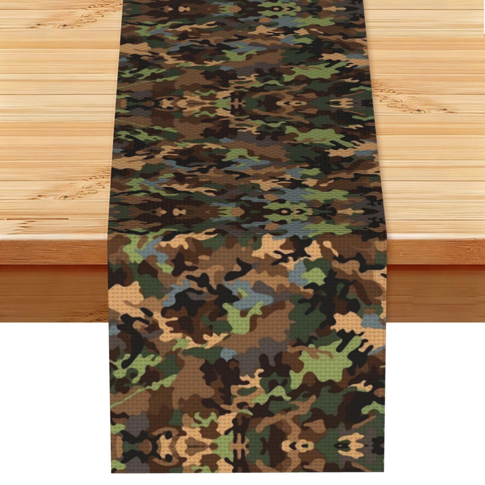 Mixed Earth Tone Camo Printed Table Runner 13 x 72, Wrinkle Resistant Decor for Dining Table Coffee Table Fireplace