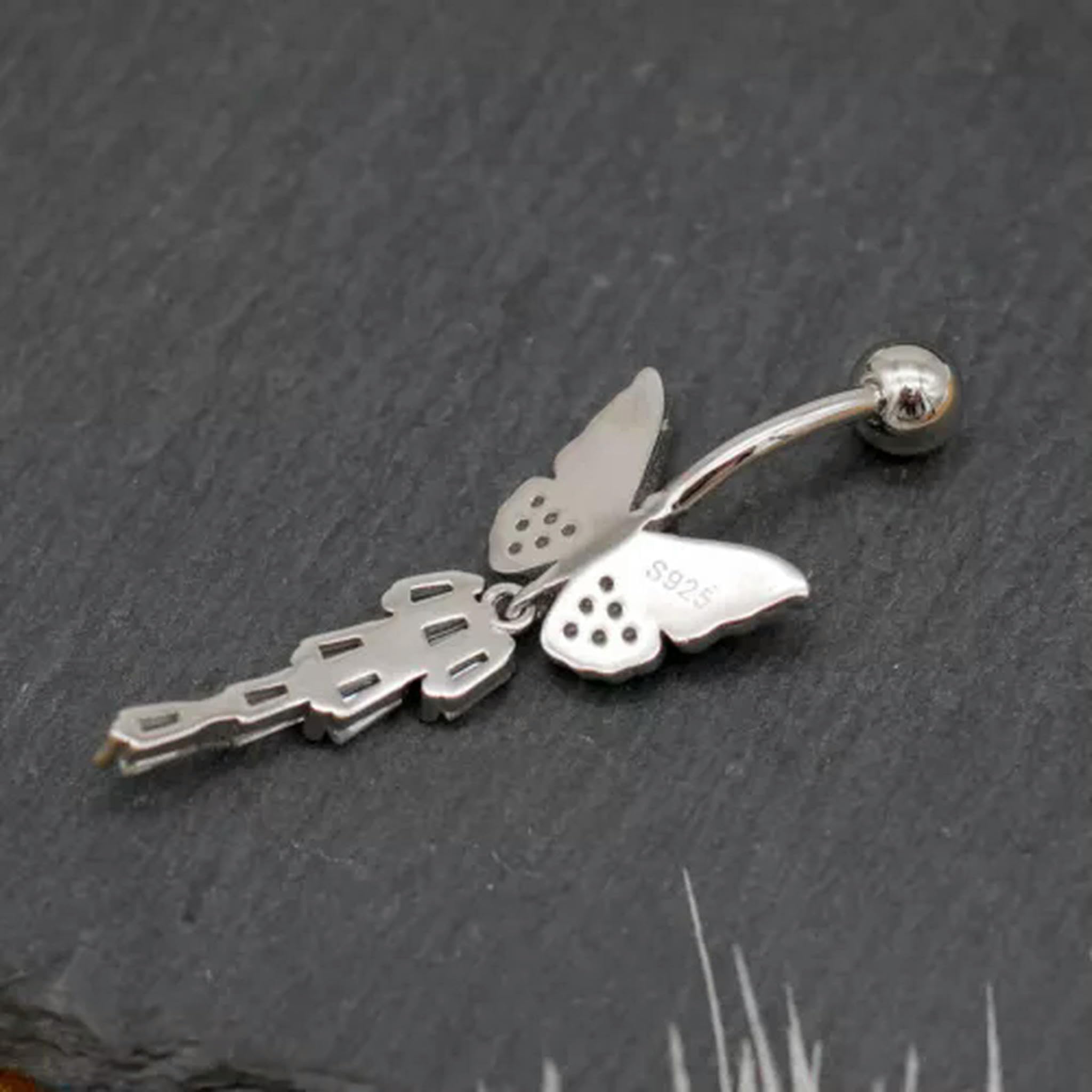 Piercing all'ombelico con Barra a Forma di Farfalla in Argento Sterling con Cristallo CZ A4435-6mm
