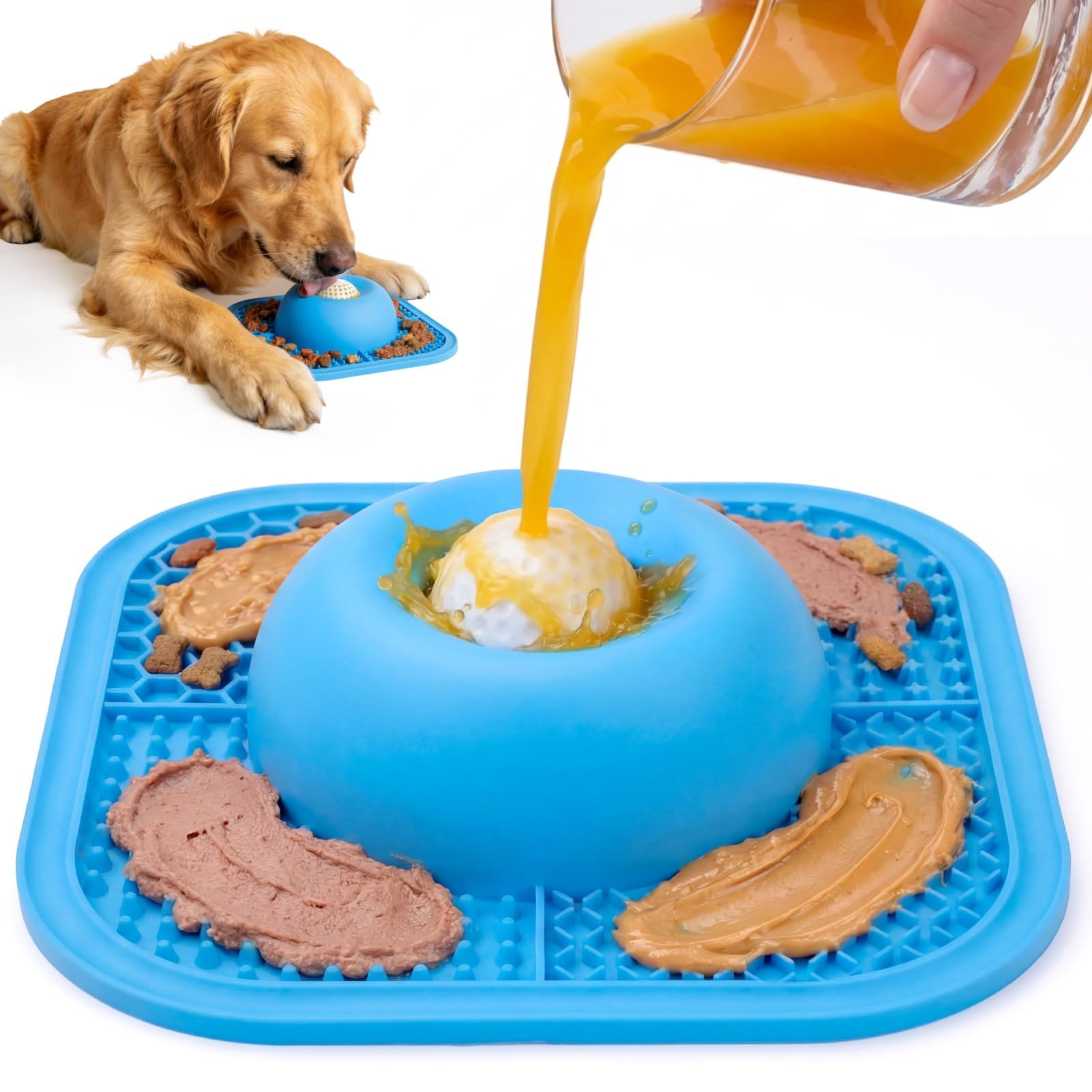 Slow Feeder Dog Bowls &amp; Lick Mat for Liquid and Thick Treat, Anti-Slip Dog Lick Bowl with Interactive Rolling Ball, 5/6 Cup Pup Licking Toy for Large Medium Small Dogs and Cats-Large Blue