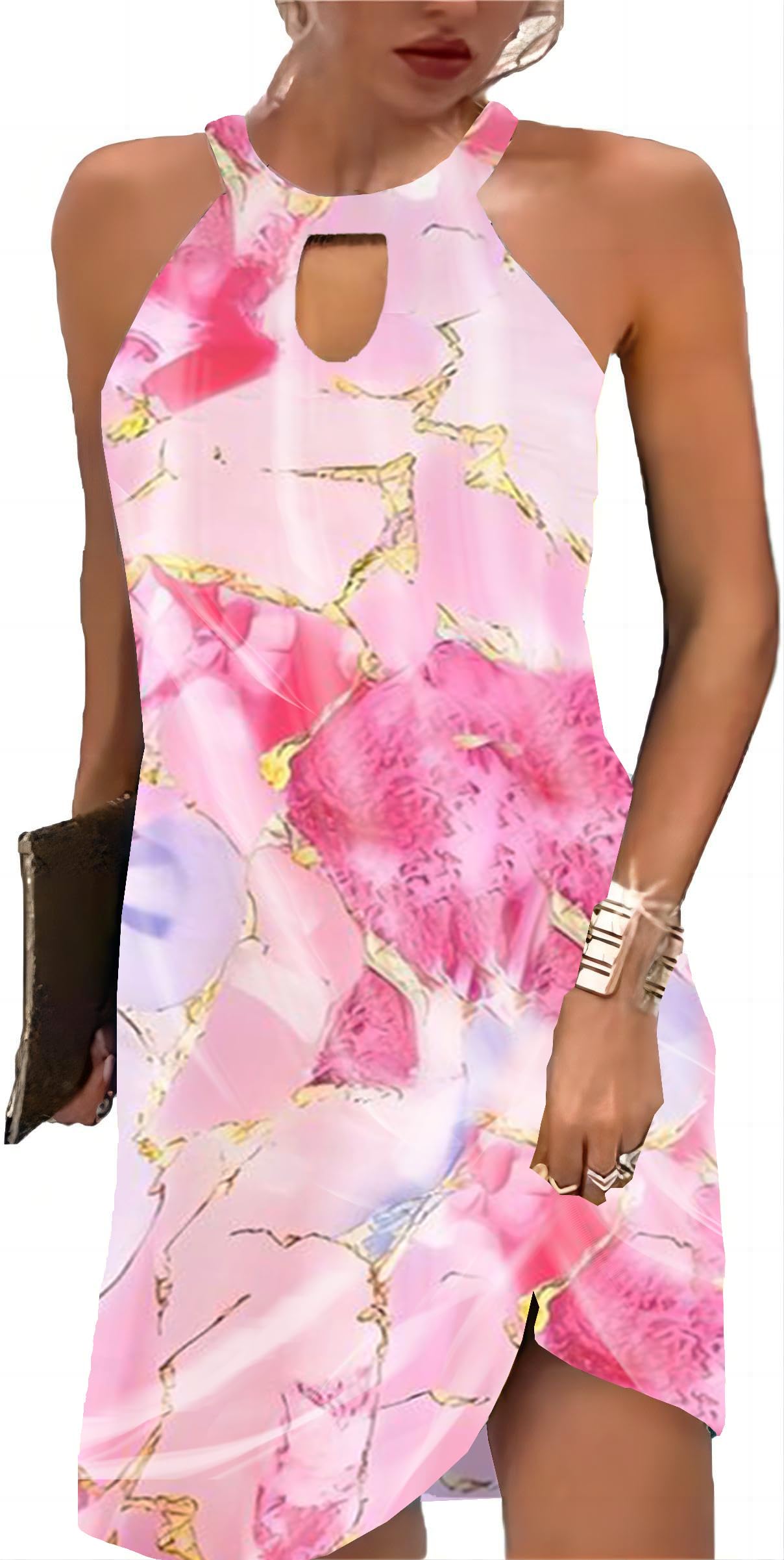 Kubsid Halter Dresses for Women 2026 Casual Floral Print Summer Dresses Hollow Out A-line Sundresses for Beach Vacation