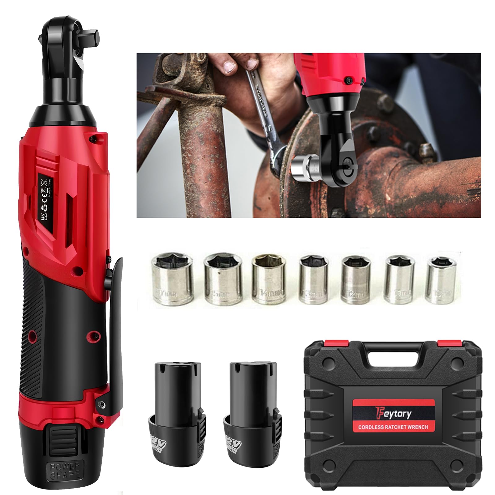 DayPlus Llave de trinquete con batería de 12V, 40 Nm Juego de llave de trinquete eléctrico, 2300 RPM con 2 baterías de iones de litio de 1.5Ah y carga rápida, 7 enchufes, velocidad variable, rojo