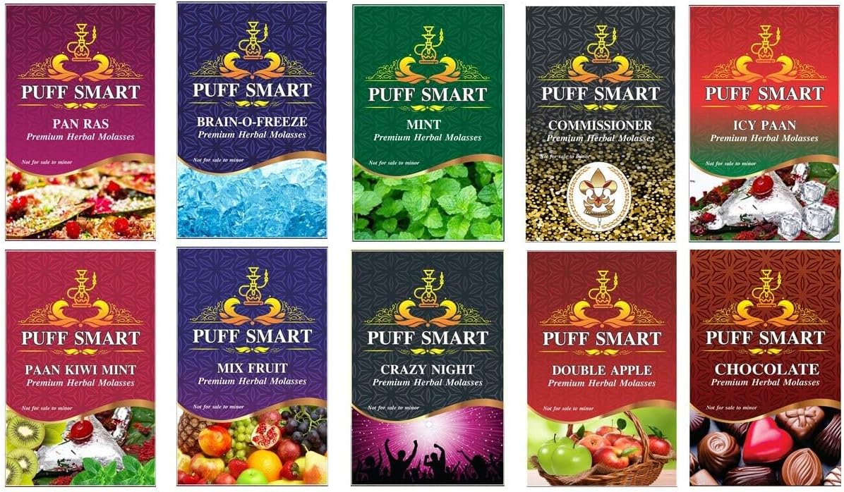 PUFF SMART Herbal Molasses Combo Flavor PanRas, Brain Freezer, Commissioner, Mint, PaanKiwi Mint, Double Apple, Icy Pan, MixFruit, Crazy Night, Chocolate Set Of 10 |