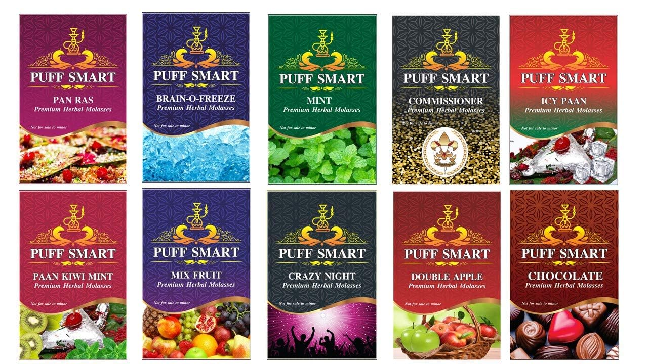 PUFF SMART Herbal Molasses Combo Flavor PanRas, Brain Freezer, Commissioner, Mint, PaanKiwi Mint, Double Apple, Icy Pan, MixFruit, Crazy Night, Chocolate Set Of 10 |