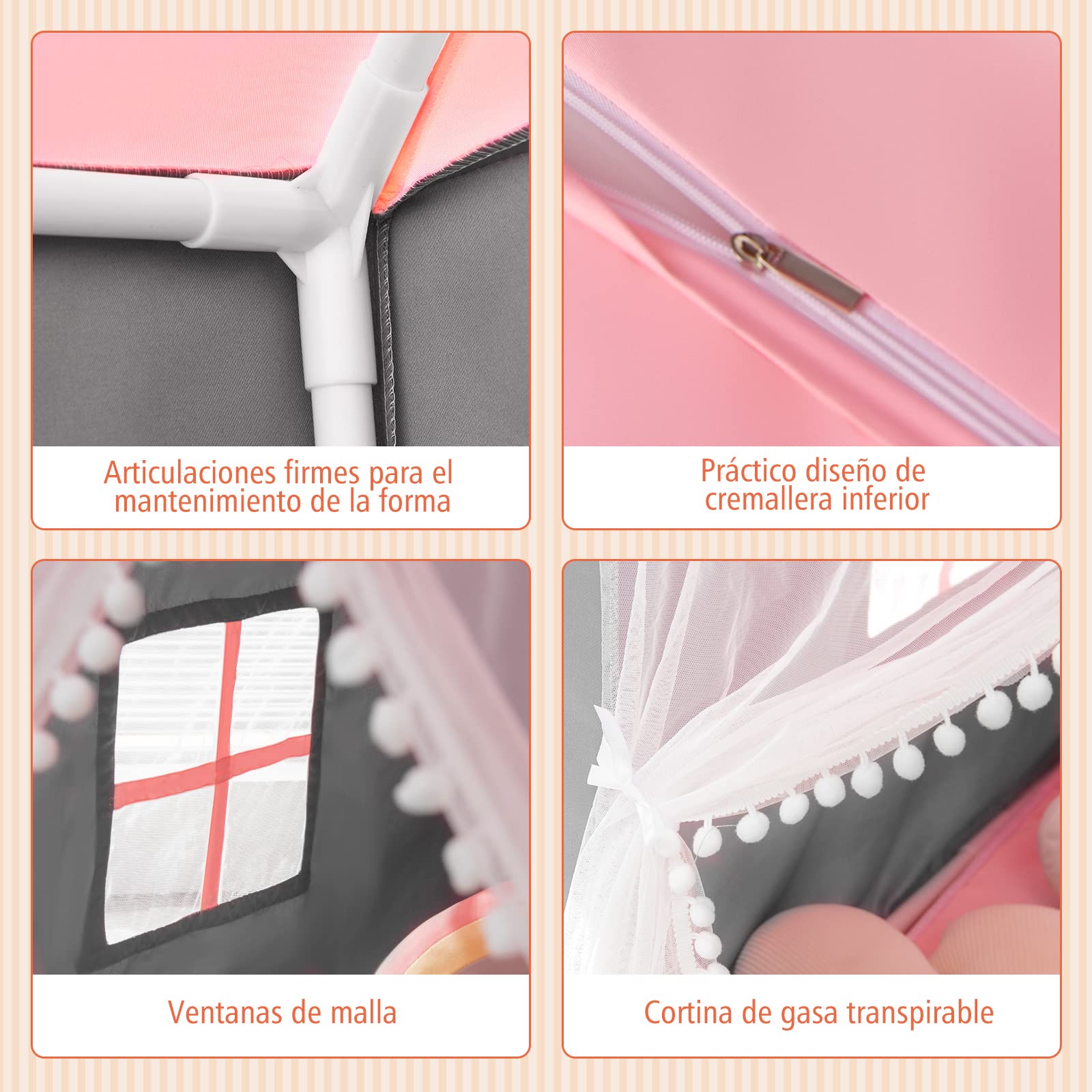 COSTWAY Carpa para Niños con Colchoneta Lavable, Luces de Estrella, Ventanas, Cremalleras Inferiores, Carpa Castillo de Hadas, Casa de Juegos, Tienda Infantil de Campaña para Niños y Niñas (Rosa)